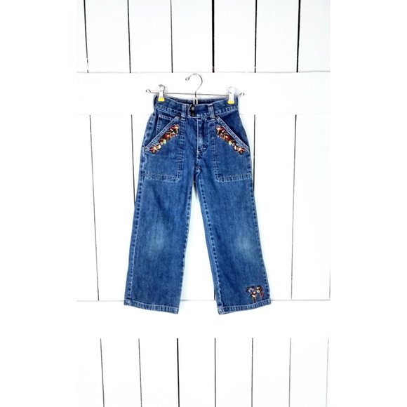 Childrens loose wide leg floral embroidered blue denim jeans - 7 - Picture 1 of 4